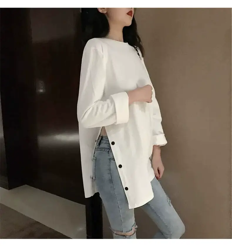 White Long Sleeve Slit T-Shirt Women's Base — feature 16