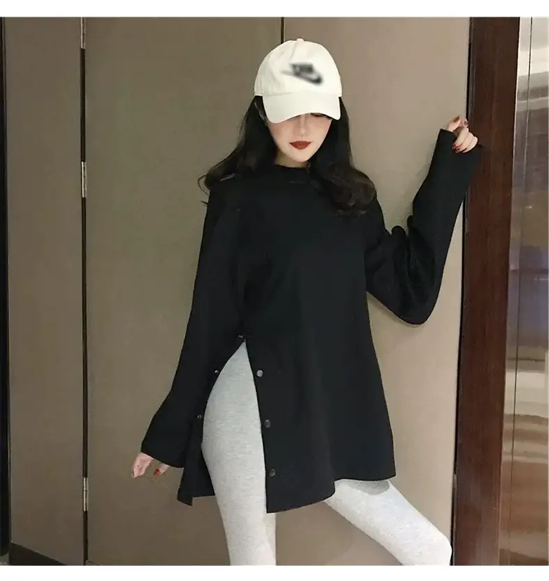 White Long Sleeve Slit T-Shirt Women's Base — feature 26