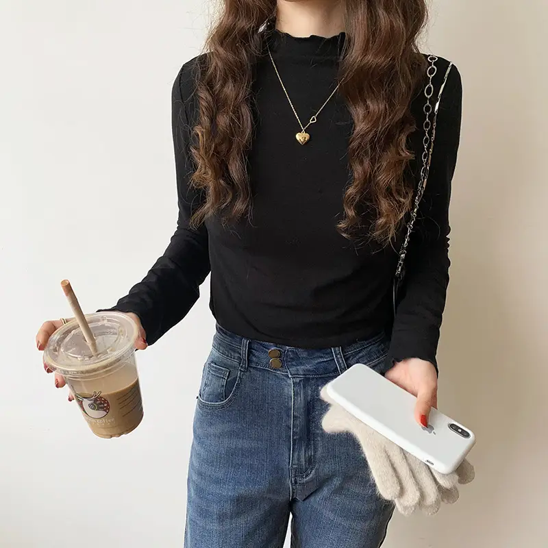 Women's Beige Cotton Turtleneck Long Sleeve Slim Fit