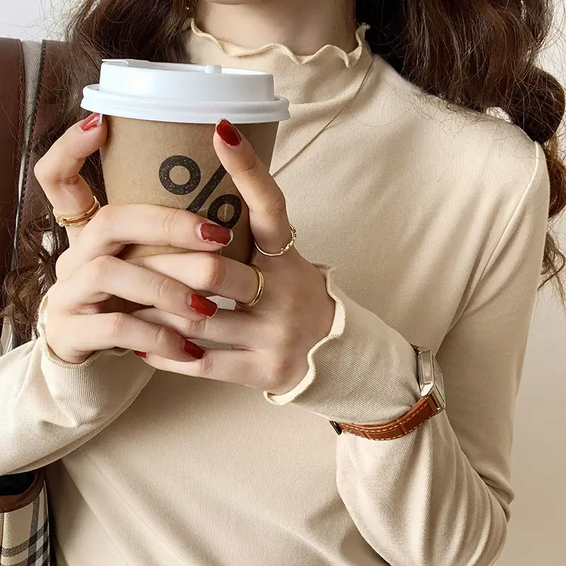 Women's Beige Cotton Turtleneck Long Sleeve Slim Fit