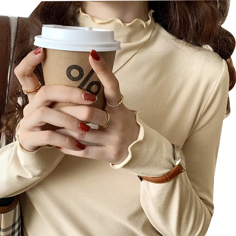 Women's Beige Cotton Turtleneck Long Sleeve Slim Fit