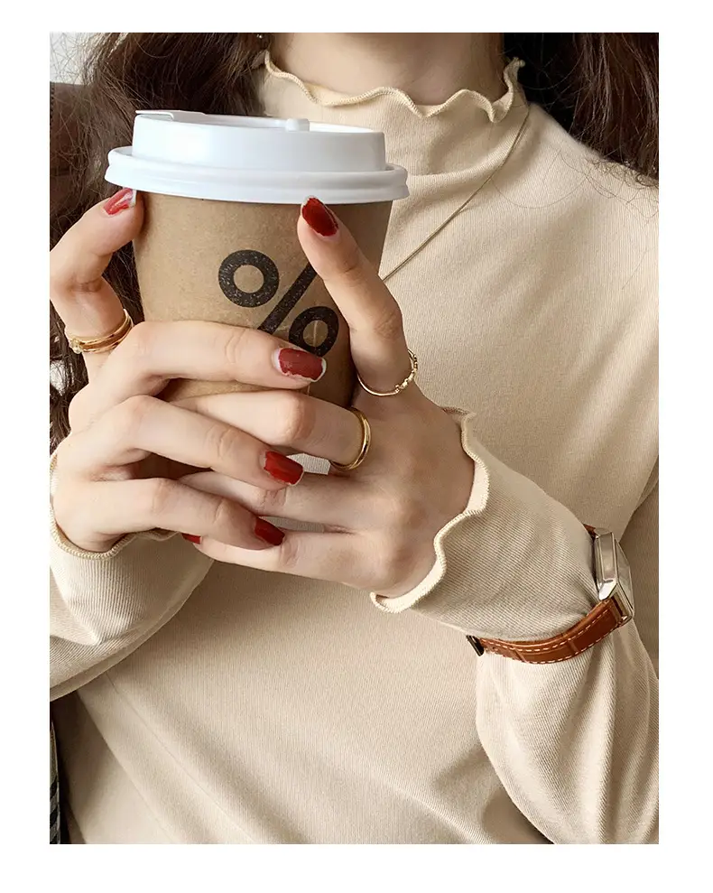 Women's Beige Cotton Turtleneck Long Sleeve Slim Fit — feature 1