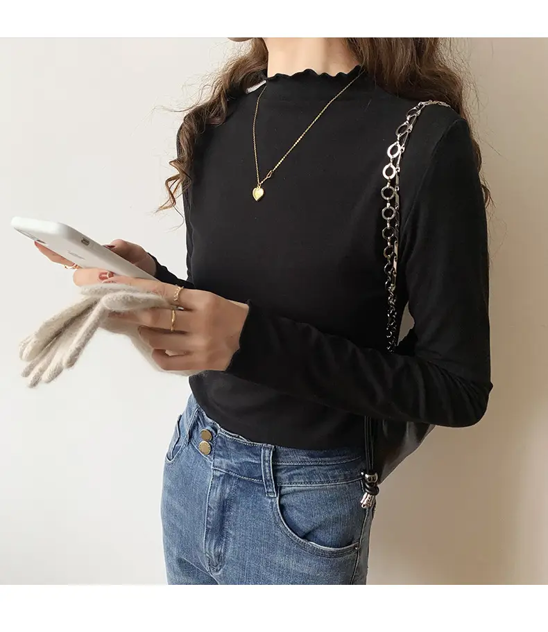 Women's Beige Cotton Turtleneck Long Sleeve Slim Fit — feature 11