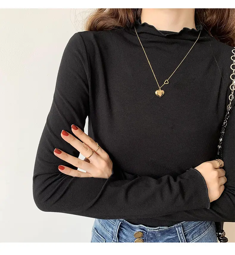 Women's Beige Cotton Turtleneck Long Sleeve Slim Fit — feature 12