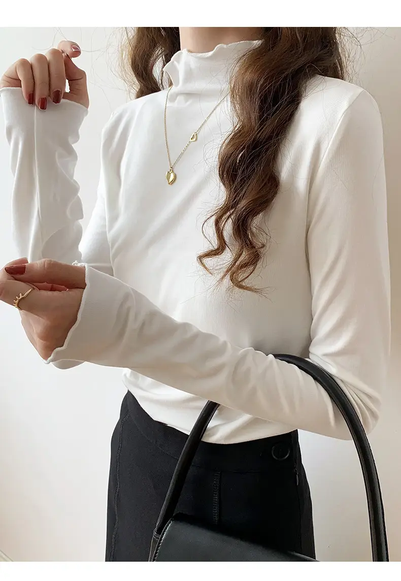 Women's Beige Cotton Turtleneck Long Sleeve Slim Fit — feature 20