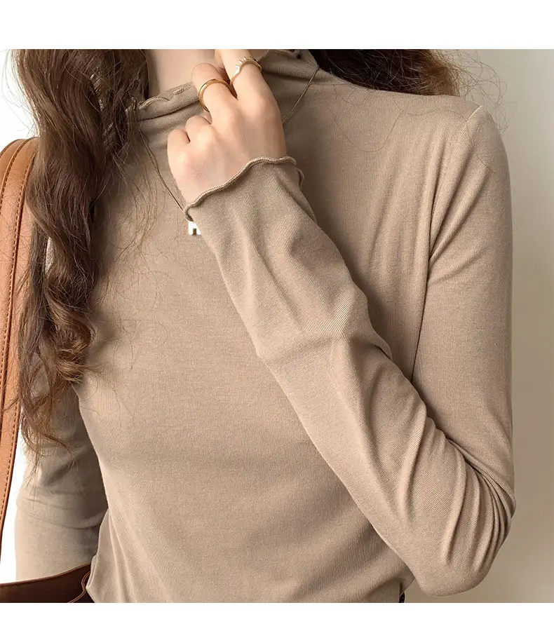 Women's Beige Cotton Turtleneck Long Sleeve Slim Fit — feature 26