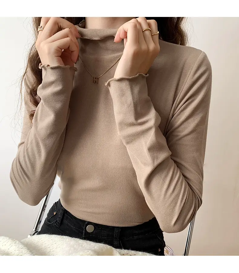 Women's Beige Cotton Turtleneck Long Sleeve Slim Fit — feature 27