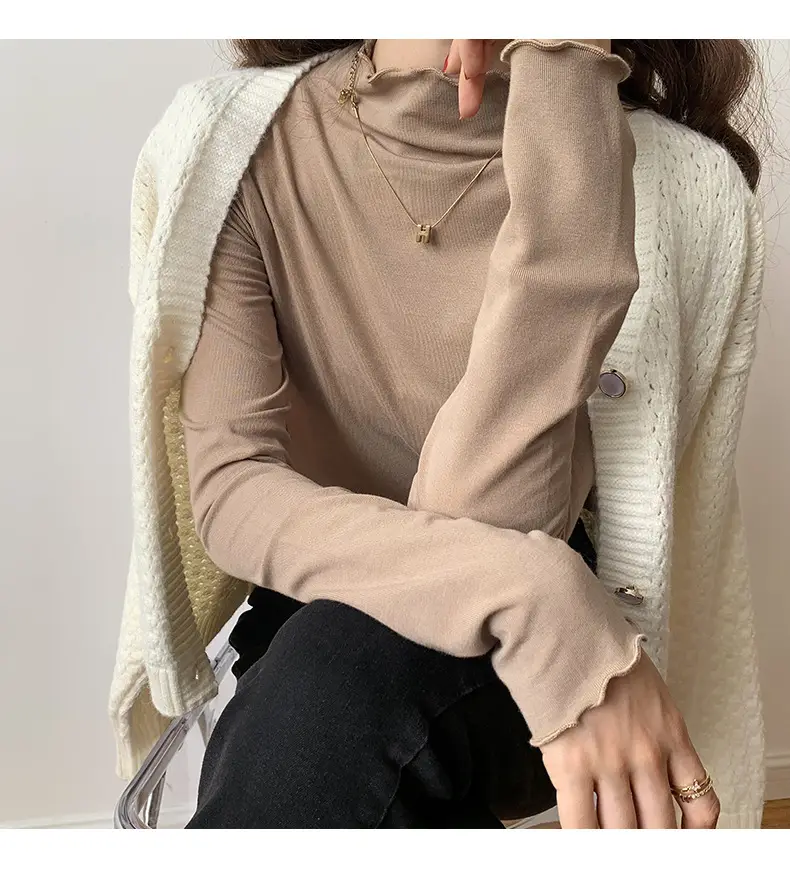 Women's Beige Cotton Turtleneck Long Sleeve Slim Fit — feature 28