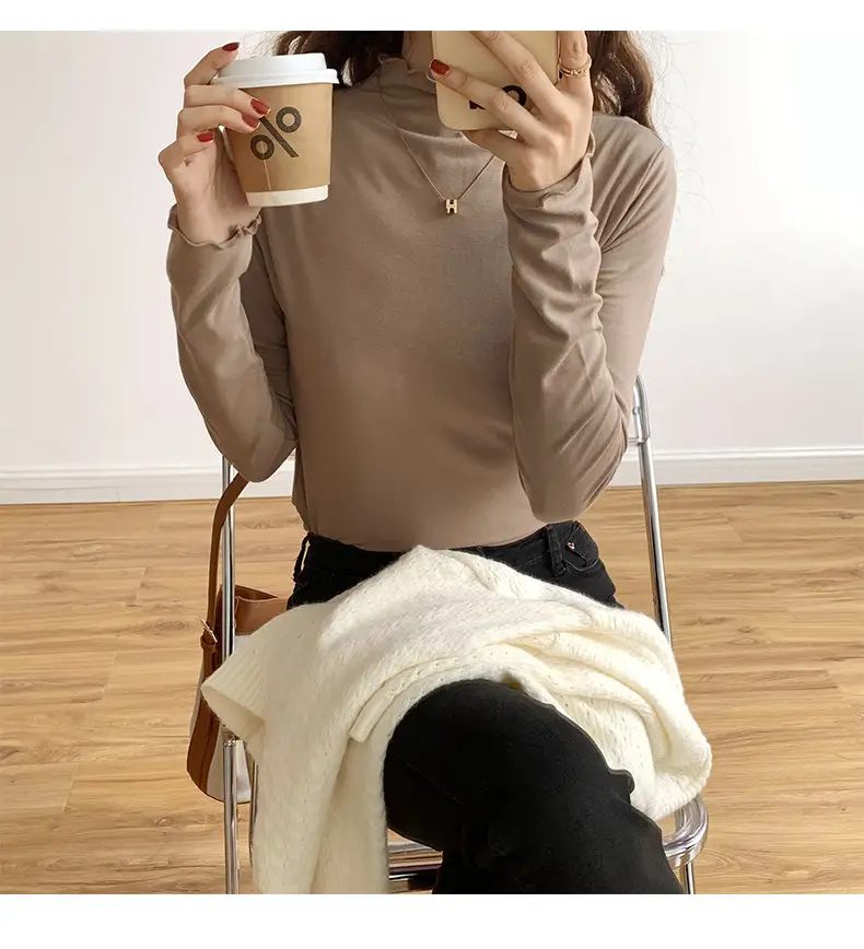Women's Beige Cotton Turtleneck Long Sleeve Slim Fit — feature 29