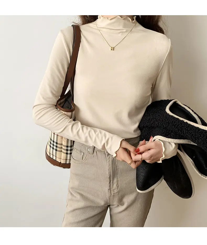 Women's Beige Cotton Turtleneck Long Sleeve Slim Fit — feature 3