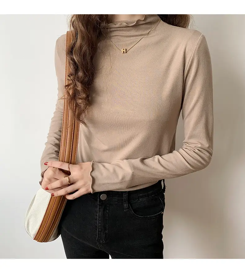 Women's Beige Cotton Turtleneck Long Sleeve Slim Fit — feature 30