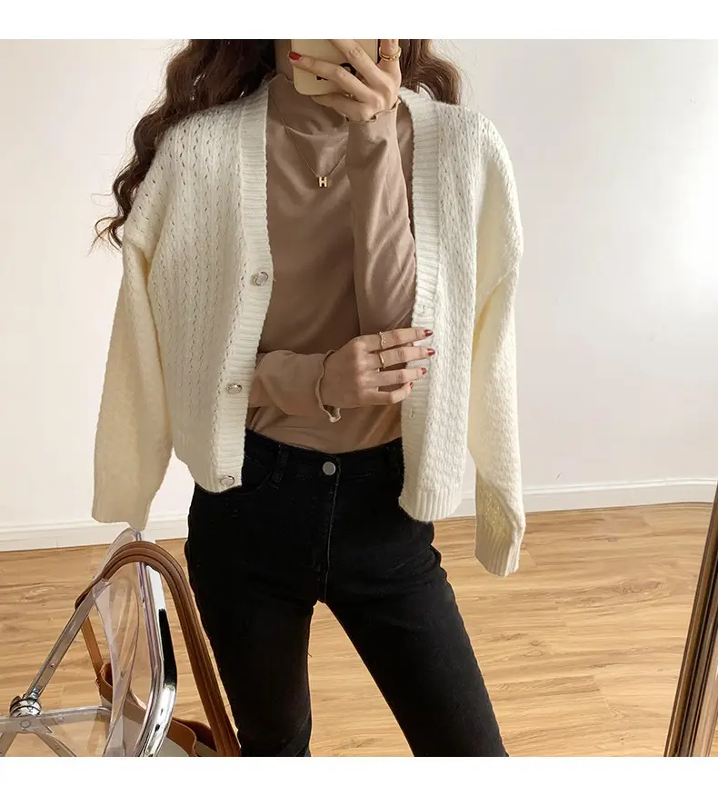 Women's Beige Cotton Turtleneck Long Sleeve Slim Fit — feature 31