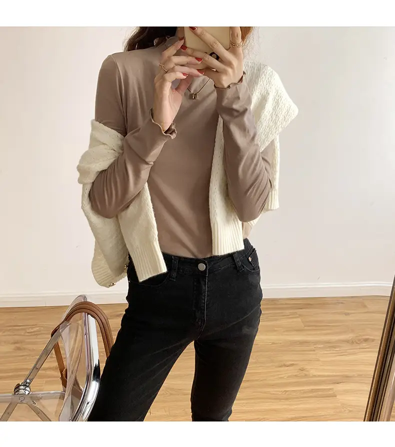 Women's Beige Cotton Turtleneck Long Sleeve Slim Fit — feature 32