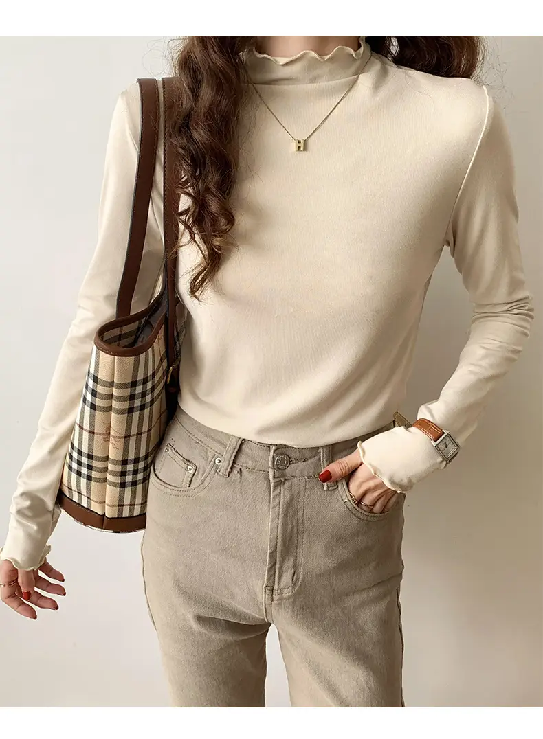 Women's Beige Cotton Turtleneck Long Sleeve Slim Fit — feature 4