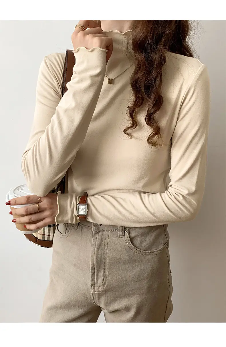 Women's Beige Cotton Turtleneck Long Sleeve Slim Fit — feature 5