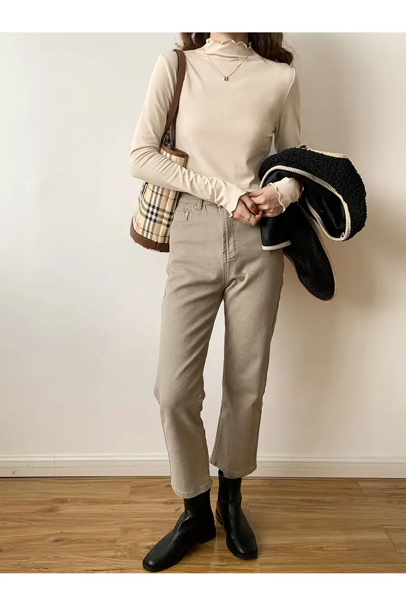 Women's Beige Cotton Turtleneck Long Sleeve Slim Fit — feature 8