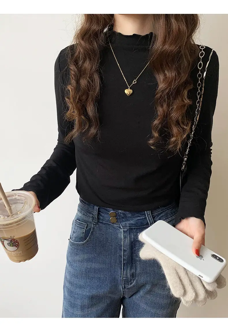 Women's Beige Cotton Turtleneck Long Sleeve Slim Fit — feature 9