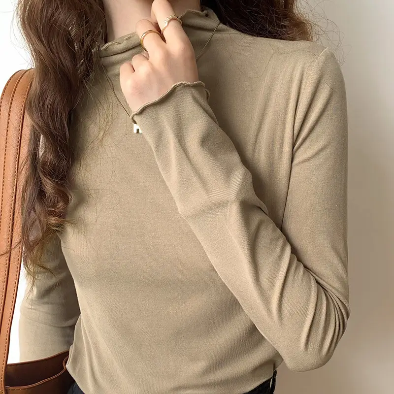 Women's Beige Cotton Turtleneck Long Sleeve Slim Fit