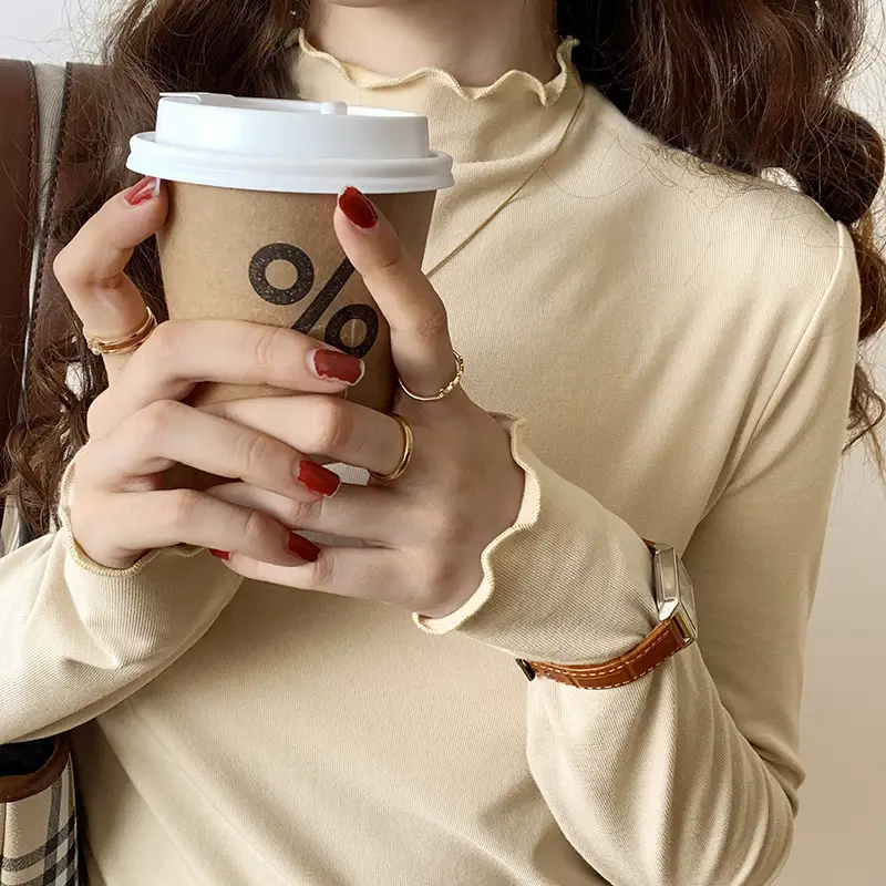 Women's Beige Cotton Turtleneck Long Sleeve Slim Fit
