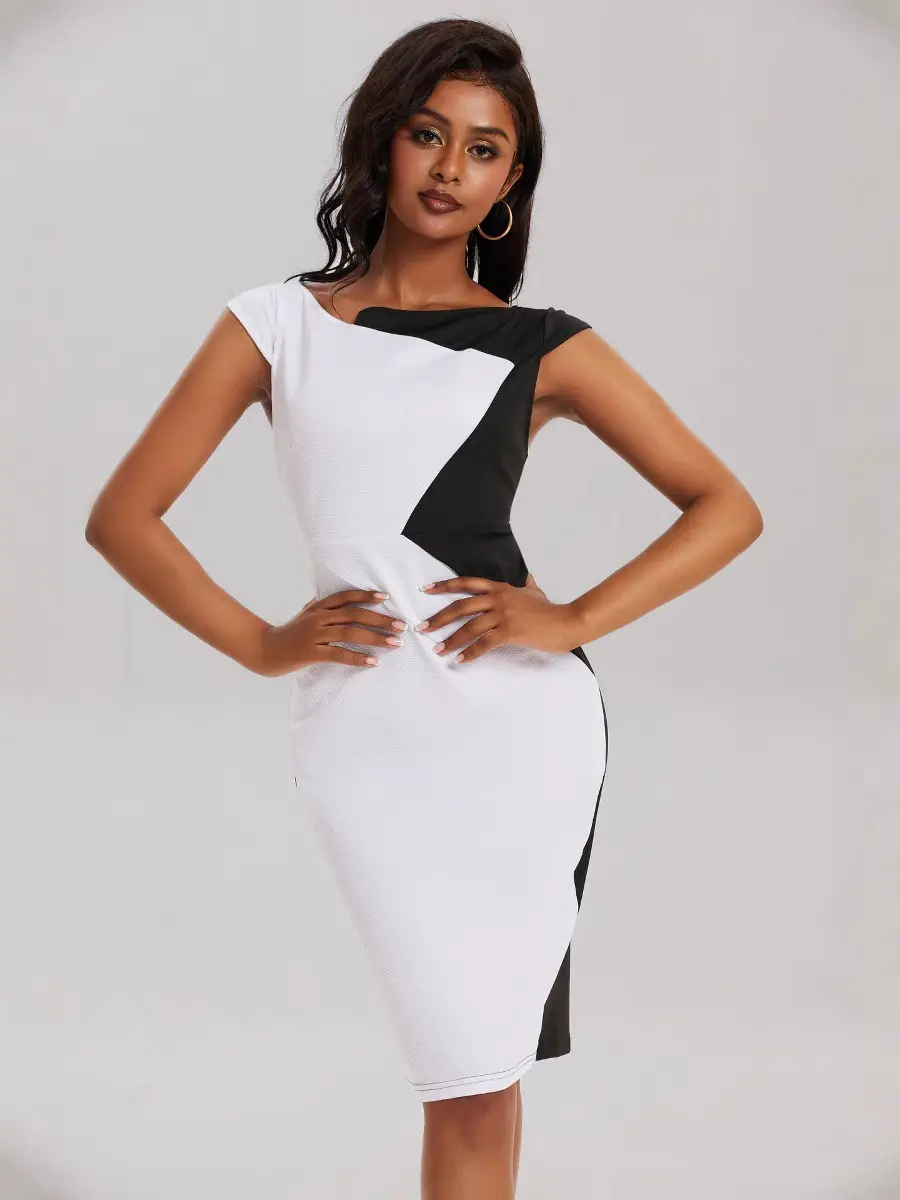 European American Large Color Contrast Hip Dress for Women