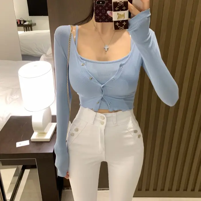 Black Long Sleeve Cardigan & Gray Skirt Two-Piece Set for Women — feature 1