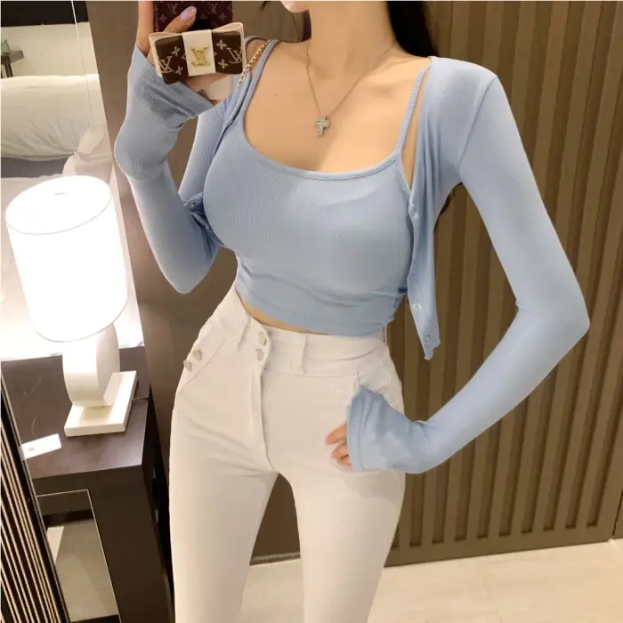 Black Long Sleeve Cardigan & Gray Skirt Two-Piece Set for Women — feature 2