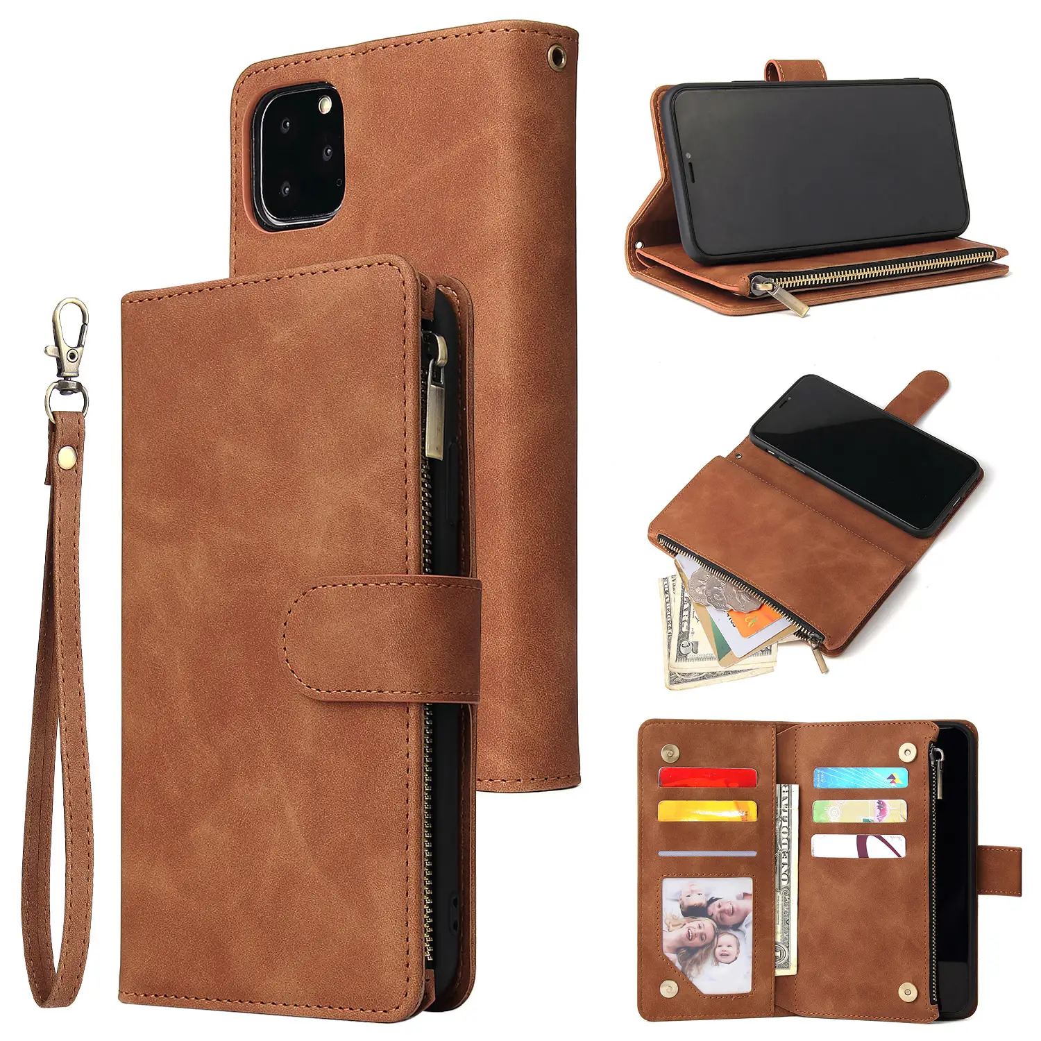Blue Leather iPhone 12 Zipper Wallet Case with Card Holder - Image 6