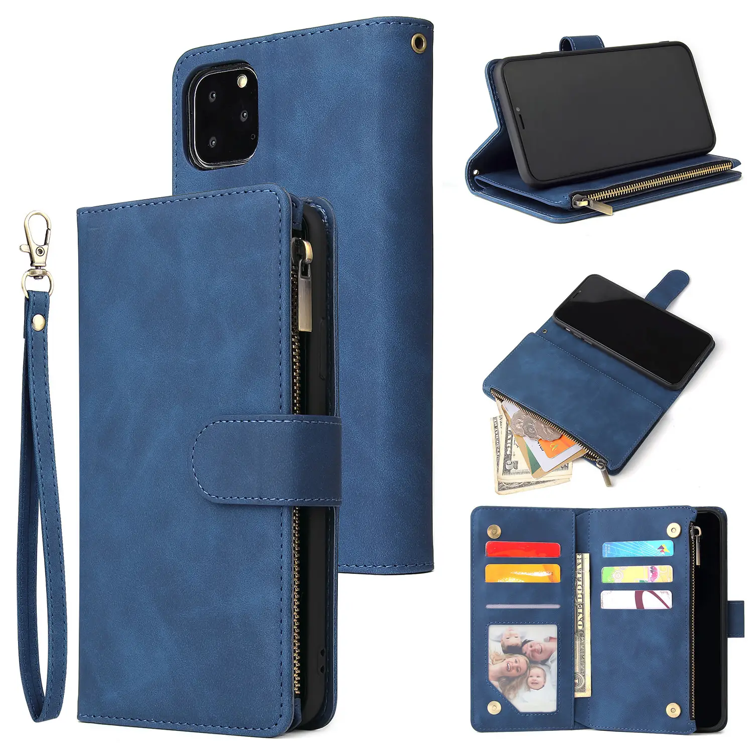 Blue Leather iPhone 12 Zipper Wallet Case with Card Holder - Image 8