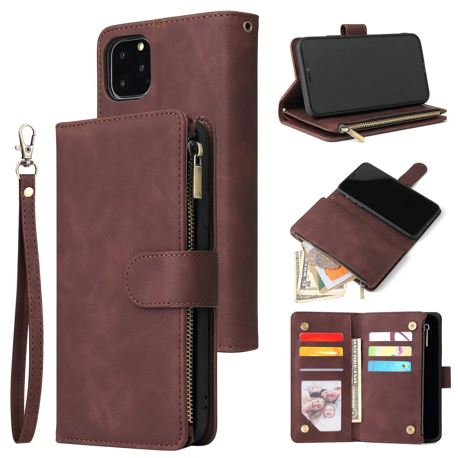 Blue Leather iPhone 12 Zipper Wallet Case with Card Holder - Image 9
