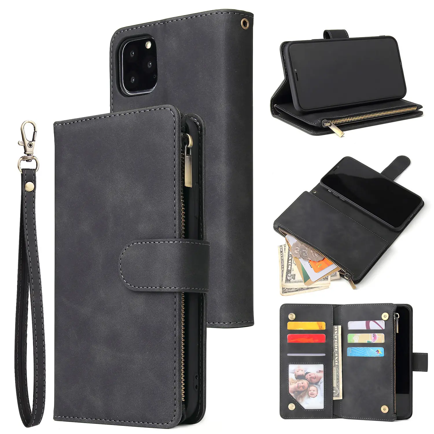 Blue Leather iPhone 12 Zipper Wallet Case with Card Holder - Image 10