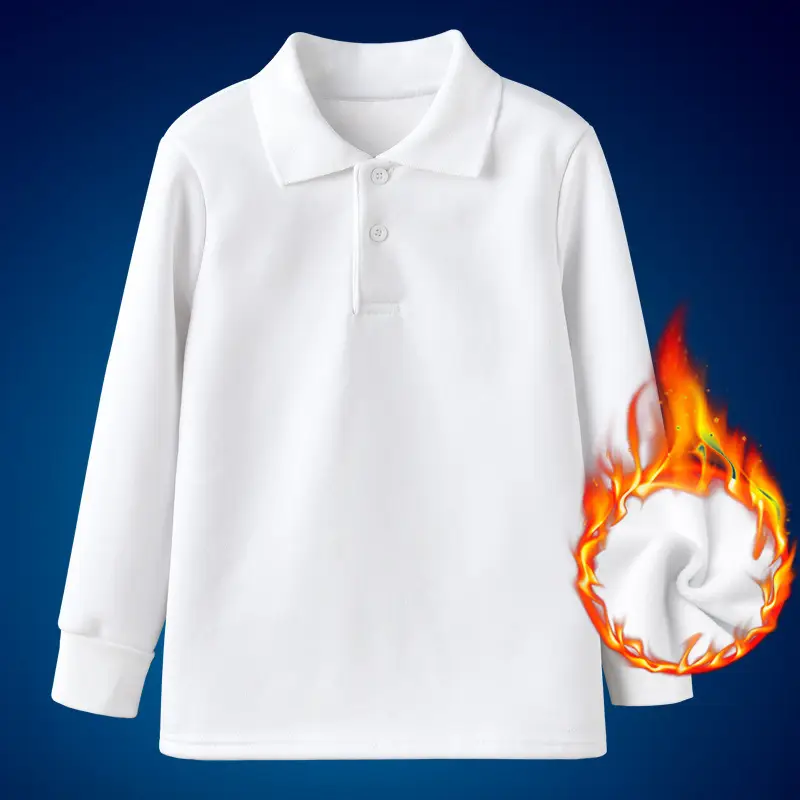 White Fleece Lined Boys T-Shirt Long Sleeve Polo - Image 4