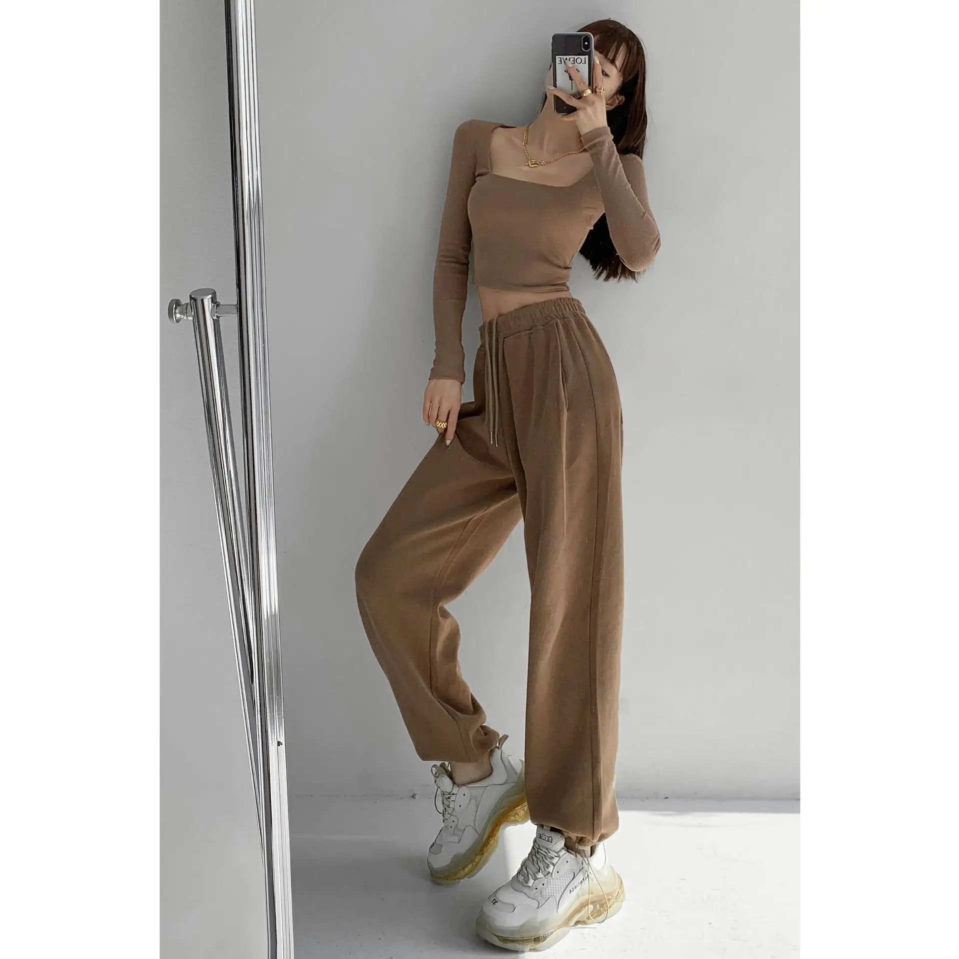 Women's Light Blue Retro Waffled Streetwear Pants - Image 2