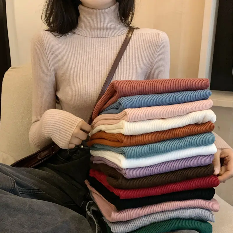 Women's Knitted High Collar Shirt Red Winter Slim Fit - Image 12