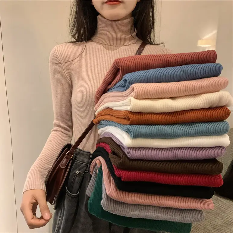 Women's Knitted High Collar Shirt Red Winter Slim Fit - Image 13