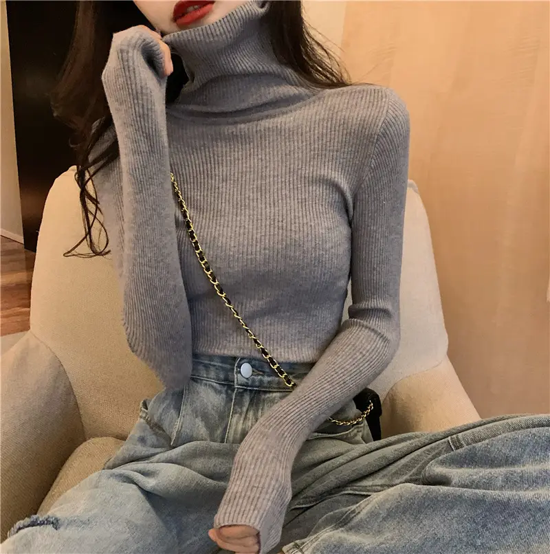 Women's Knitted High Collar Shirt Red Winter Slim Fit - Image 14