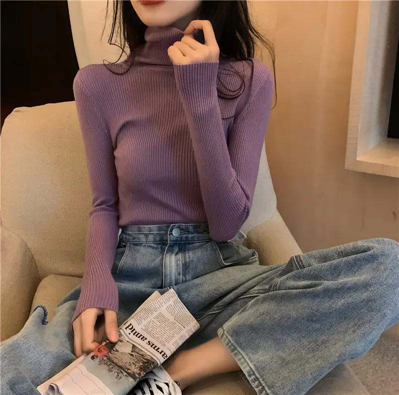 Women's Knitted High Collar Shirt Red Winter Slim Fit - Image 15