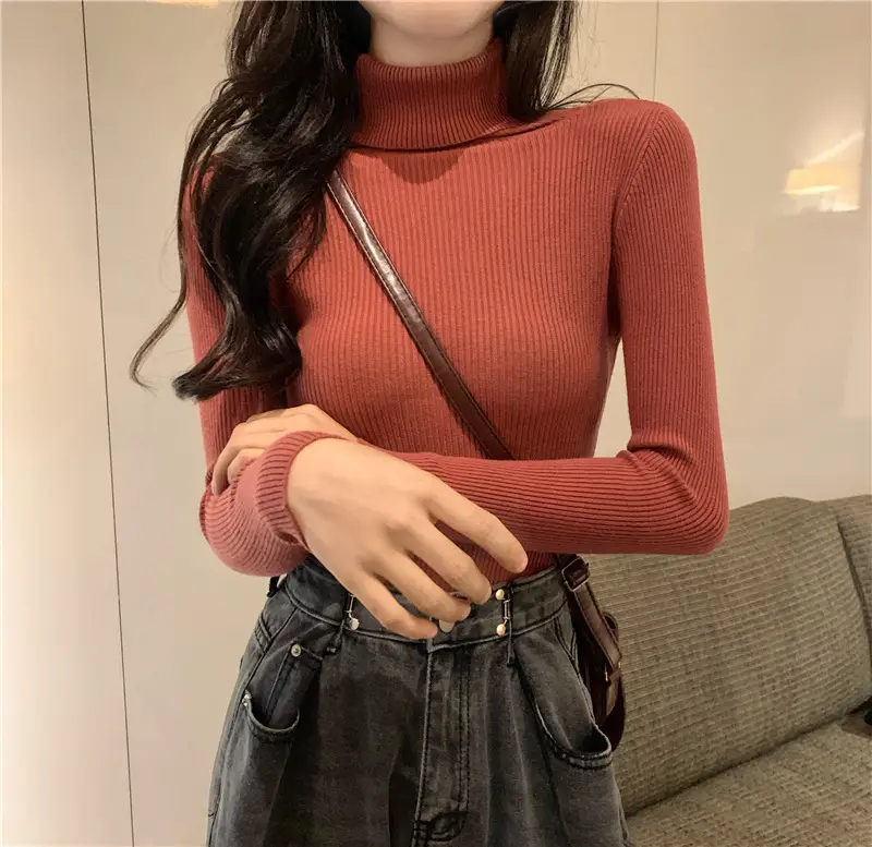 Women's Knitted High Collar Shirt Red Winter Slim Fit - Image 11