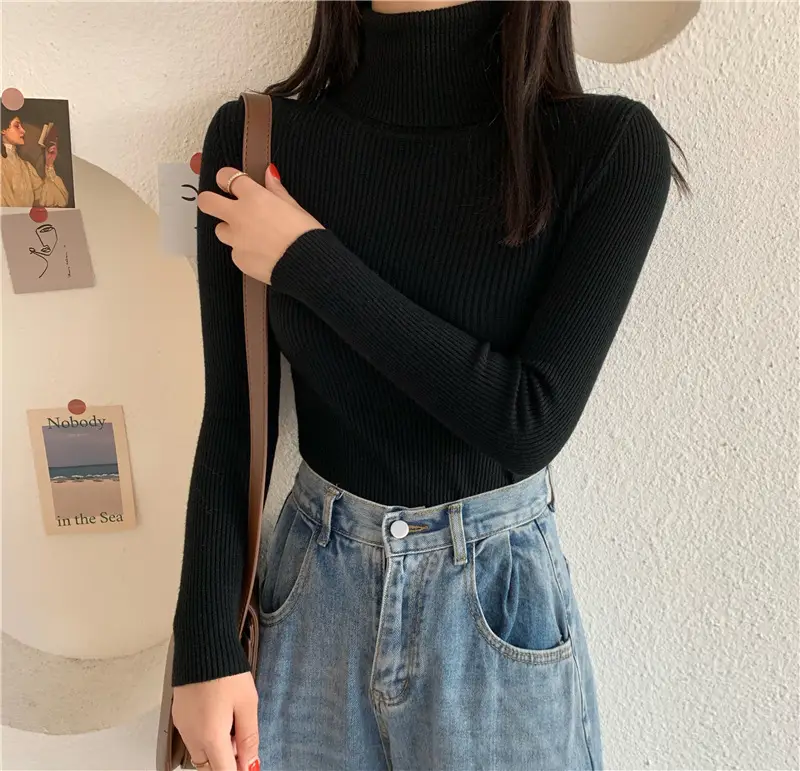 Women's Knitted High Collar Shirt Red Winter Slim Fit - Image 2