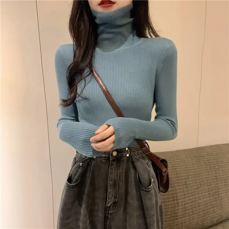 Women's Knitted High Collar Shirt Red Winter Slim Fit - Image 4