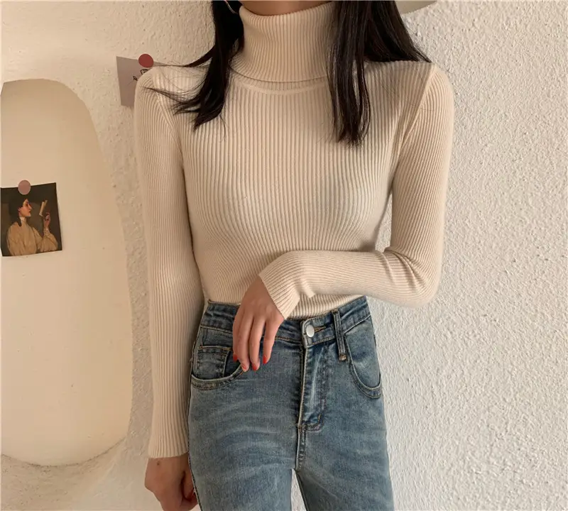 Women's Knitted High Collar Shirt Red Winter Slim Fit - Image 6