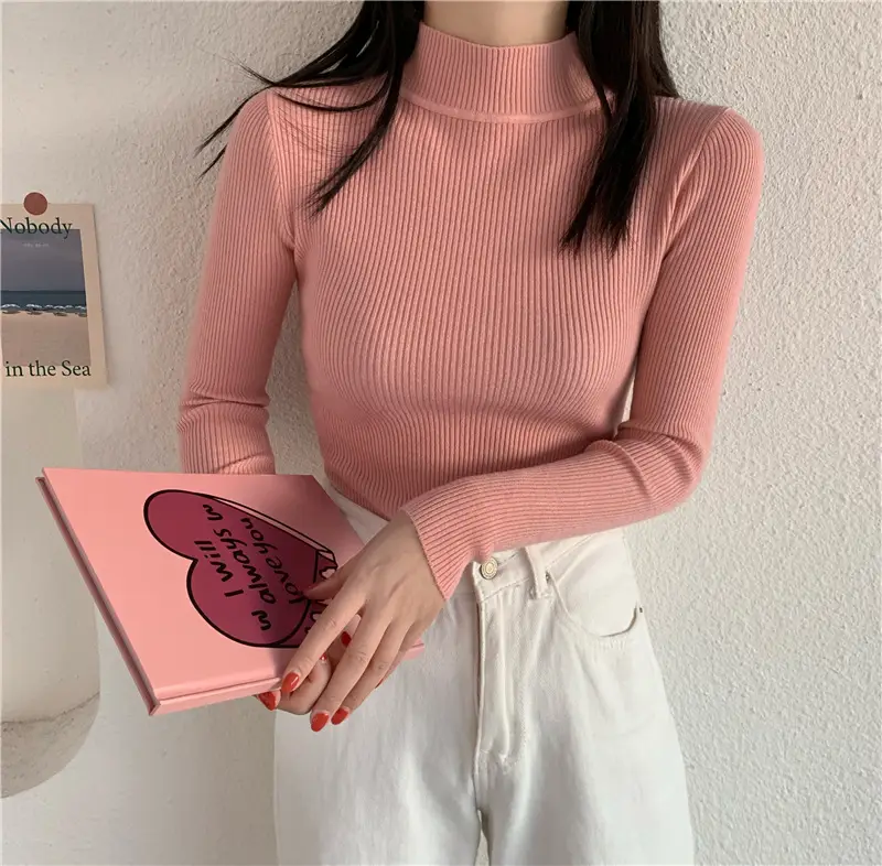 Women's Knitted High Collar Shirt Red Winter Slim Fit - Image 7