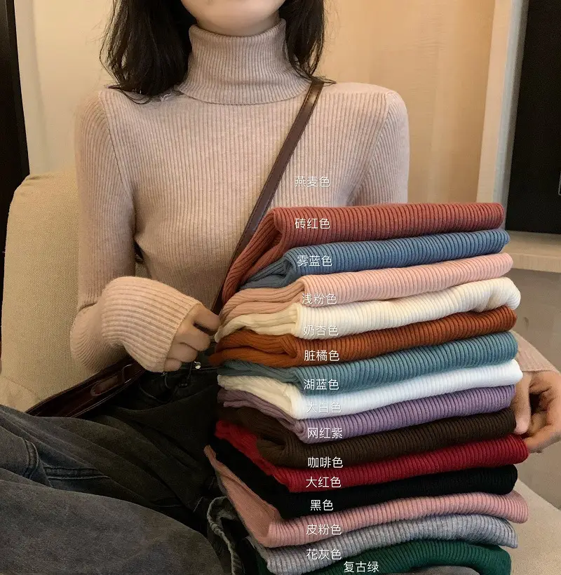 Women's Knitted High Collar Shirt Red Winter Slim Fit - Image 8