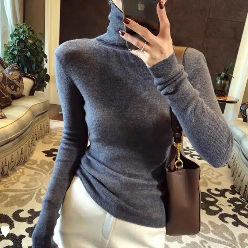 Women High Collar Knitted Sweater Purple Winter Top - Image 7
