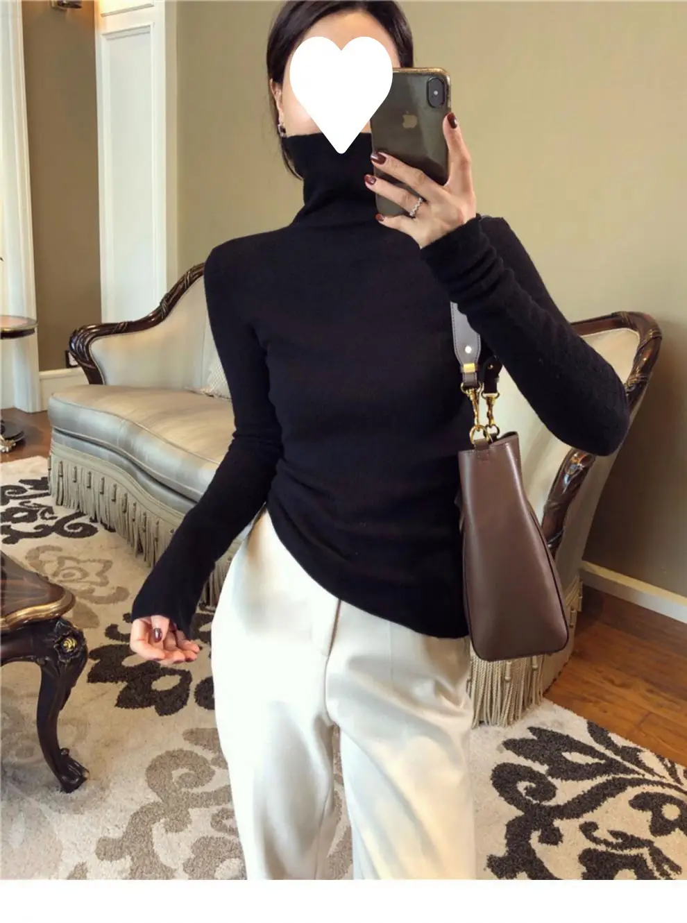 Women High Collar Knitted Sweater Purple Winter Top — feature 1