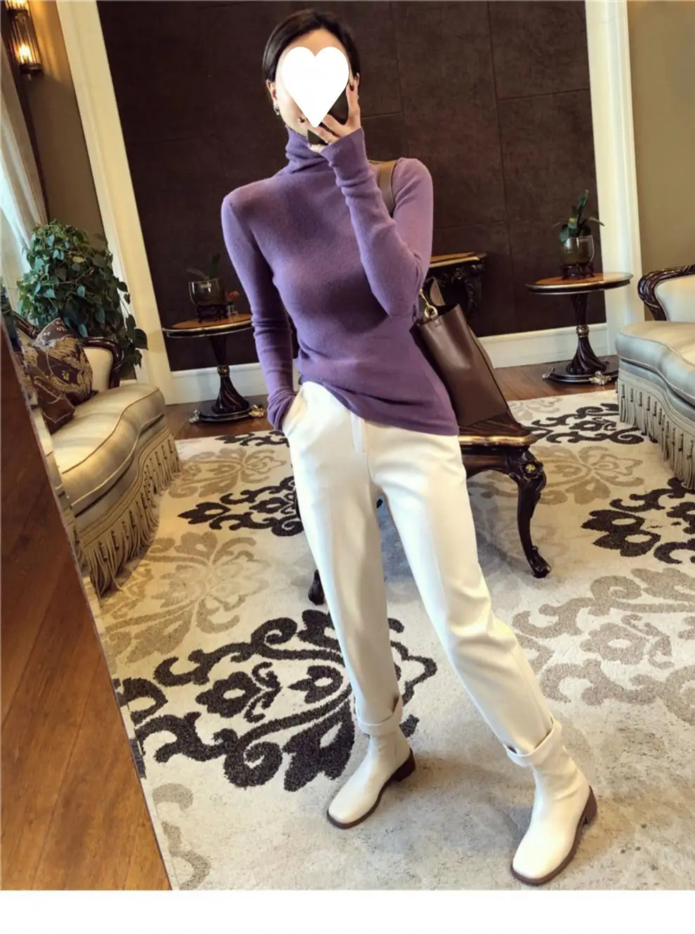 Women High Collar Knitted Sweater Purple Winter Top — feature 13