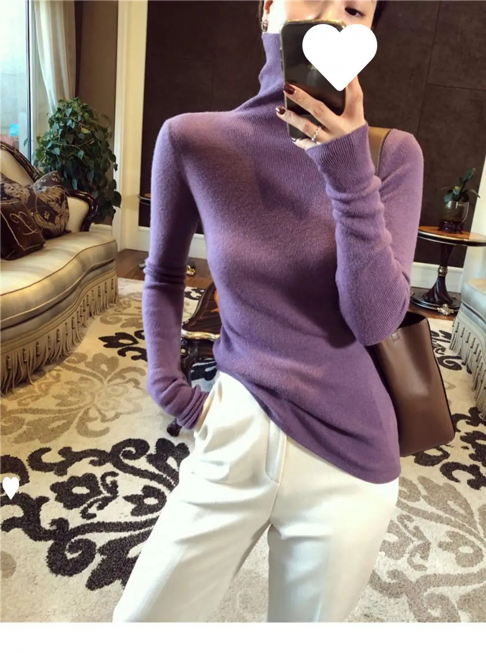 Women High Collar Knitted Sweater Purple Winter Top — feature 14