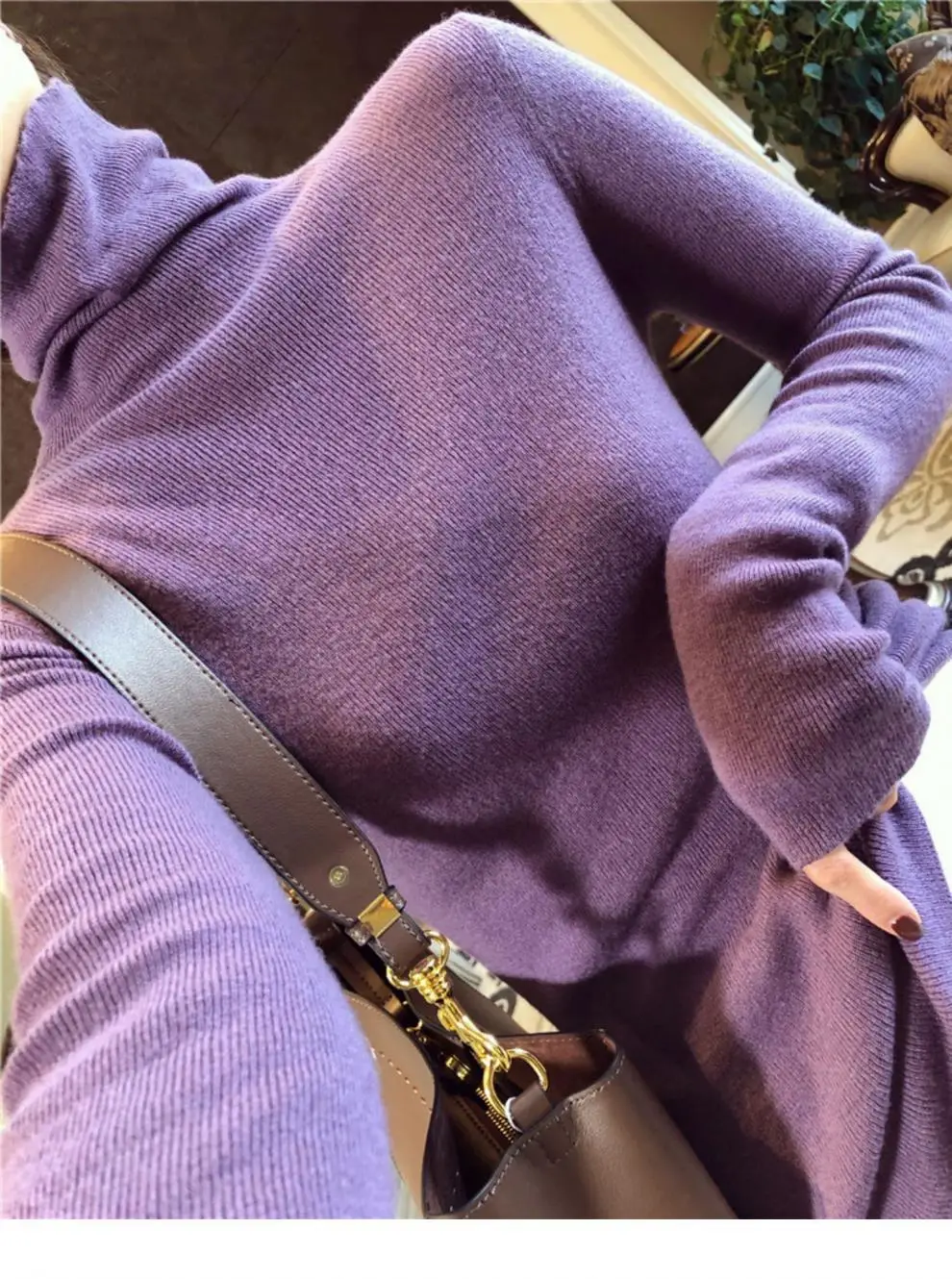 Women High Collar Knitted Sweater Purple Winter Top — feature 15