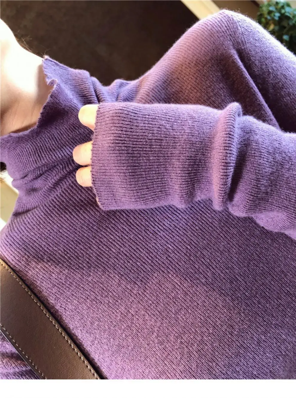 Women High Collar Knitted Sweater Purple Winter Top — feature 16