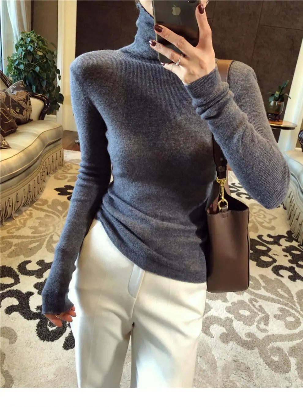 Women High Collar Knitted Sweater Purple Winter Top — feature 21