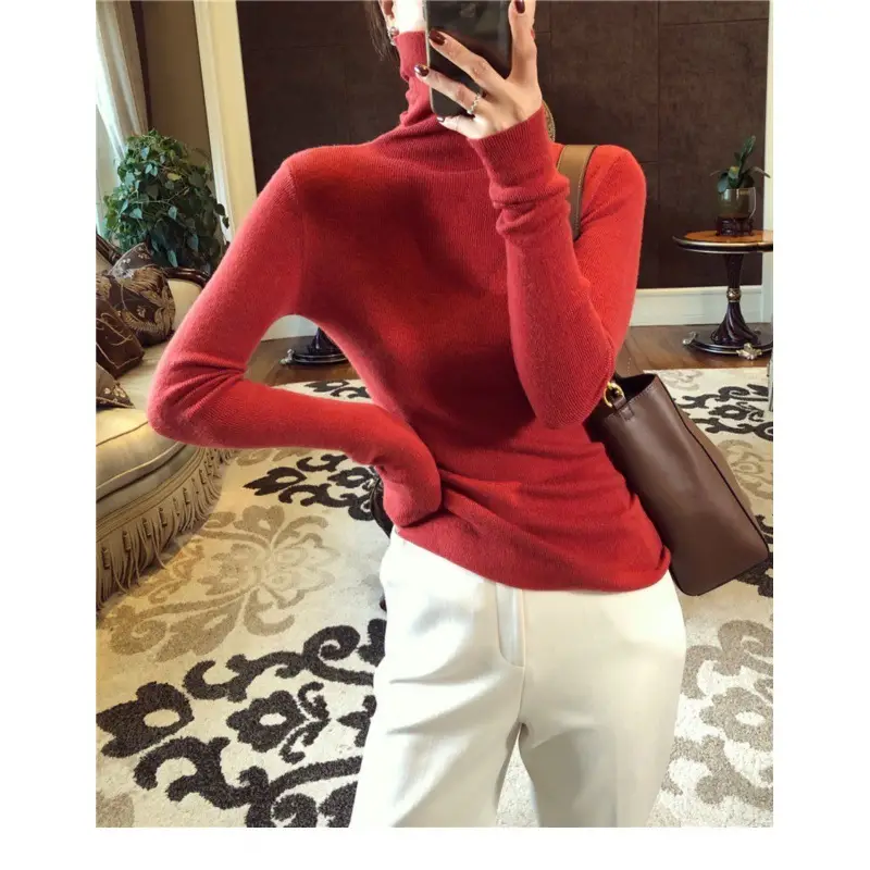 Women High Collar Knitted Sweater Purple Winter Top - Image 3